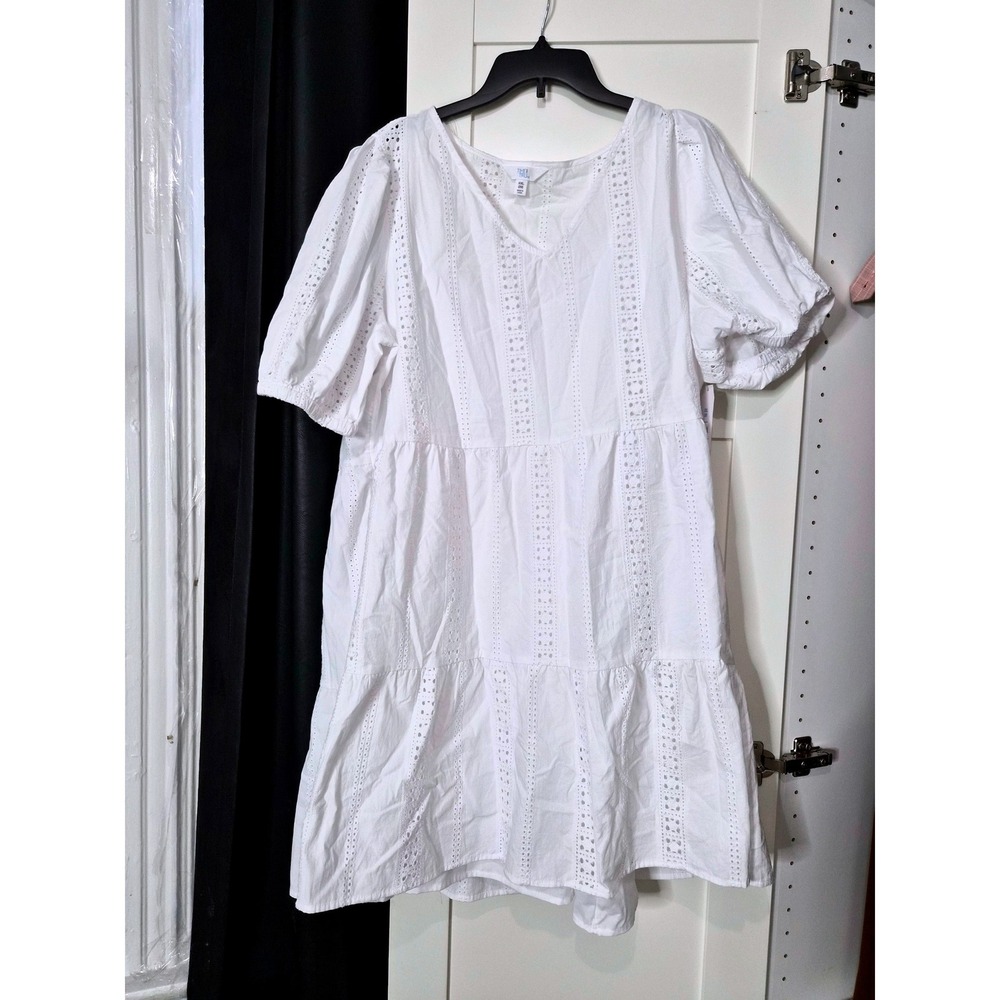 NWT Time and Tru White Eyelet Tiered Babydoll Dress XXL 20 V-Neck Puff Sleeve